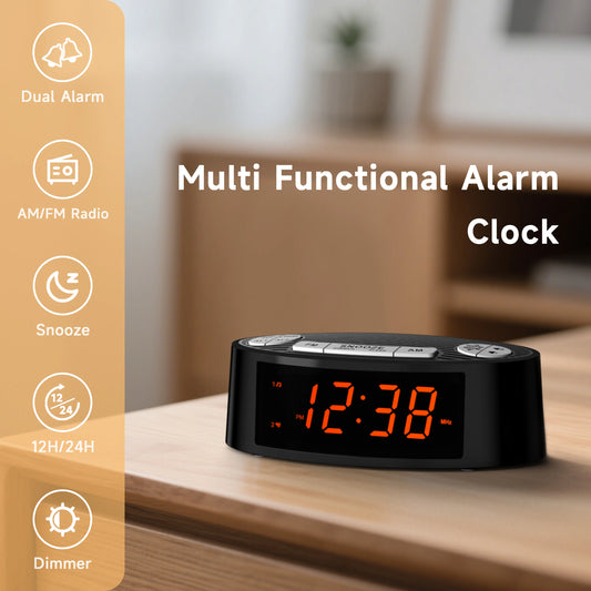 Radio réveil LED noir avec double alarme FM, affichage numérique et boutons de contrôle