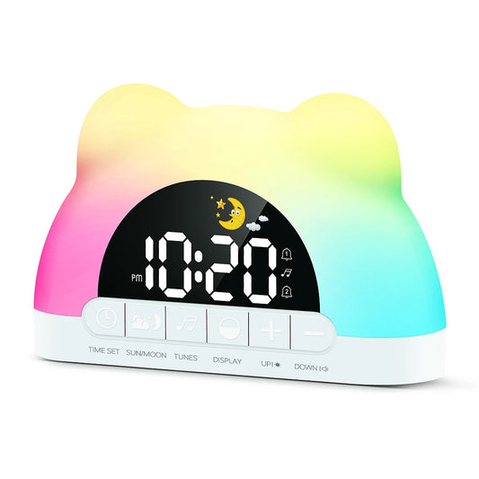 Réveil veilleuse enfant blanc en forme d'ourson avec luminothérapie douce et décorative pour chambre